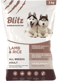 Blitz: сухой корм для взрослых собак всех пород с ягнёнком и рисом
