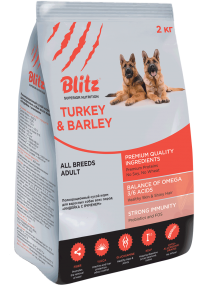 Blitz: сухой корм для взрослых собак всех пород с индейкой и ячменем