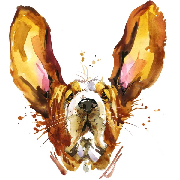 Смешная собака Бассет моды футболки графики. собака иллюстрации с всплеск акварель текстурированный фон. Необычный рисунок акварелью щенок моды печати, плакат, Текстиль и дизайн моды — стоковое фото