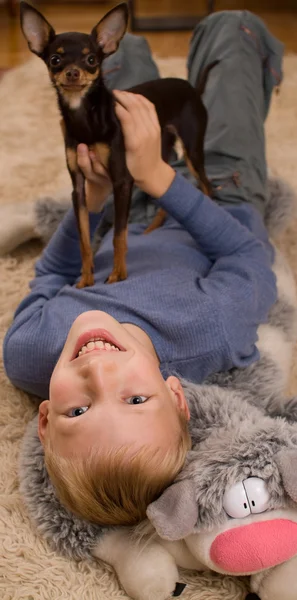 Ницца парень с игрушкой и небольшая собака — стоковое фото