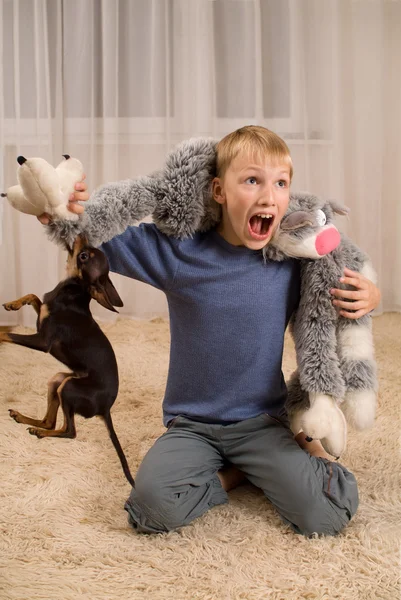 Возбужденных малыш с игрушкой и собака на — стоковое фото